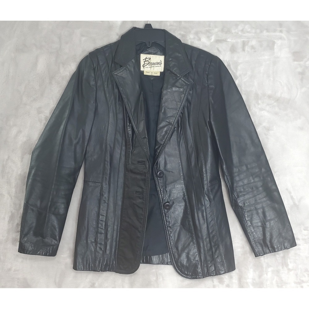 Vintage 80's Berman's Black Leather Jacket Womens 14 Coat Pockets Button Up